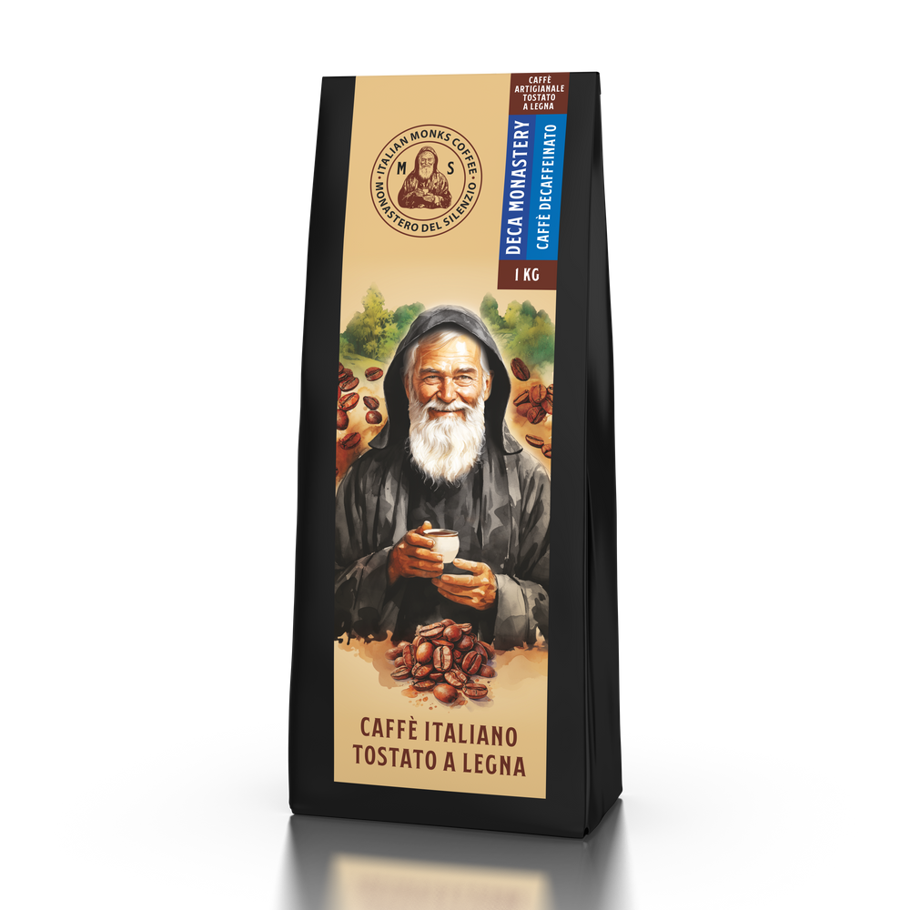 Caffè Miscela Decaffeinata ad Acqua del Monastero del Silenzio, tostato a legna, perfetto per ogni momento della giornata