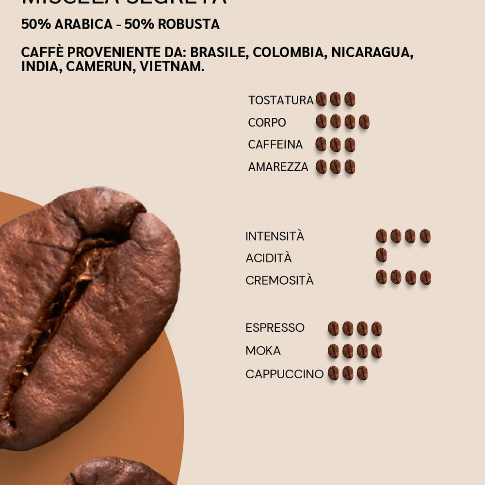 
                  
                    Caffè Miscela Segreta tostato a legna nel Monastero del Silenzio, un equilibrio di Arabica e Robusta
                  
                