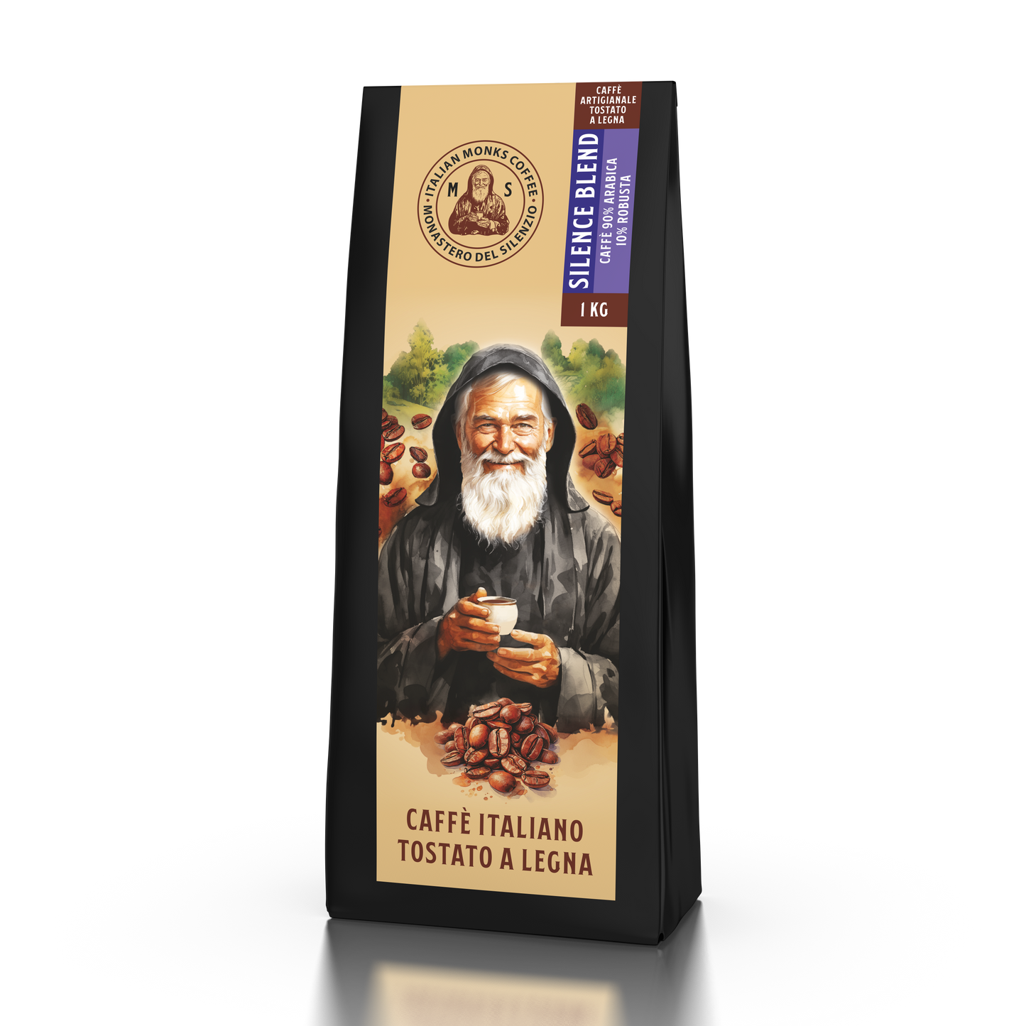 Caffè Miscela del Silenzio tostato a legna dal Monastero del Silenzio, un blend di Arabica e Robusta